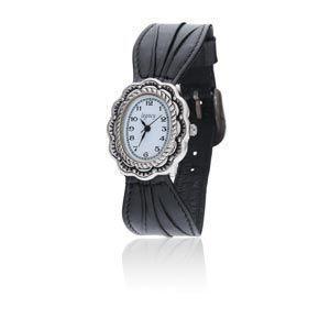 Silver Scalloped Southwestern Designed Watch with a Black Bow Leather WatchBand and a Silver Buckle.