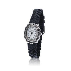 Silver Scalloped Southwestern Designed Watch with a Black Braided Leather Band and a Silver Buckle.