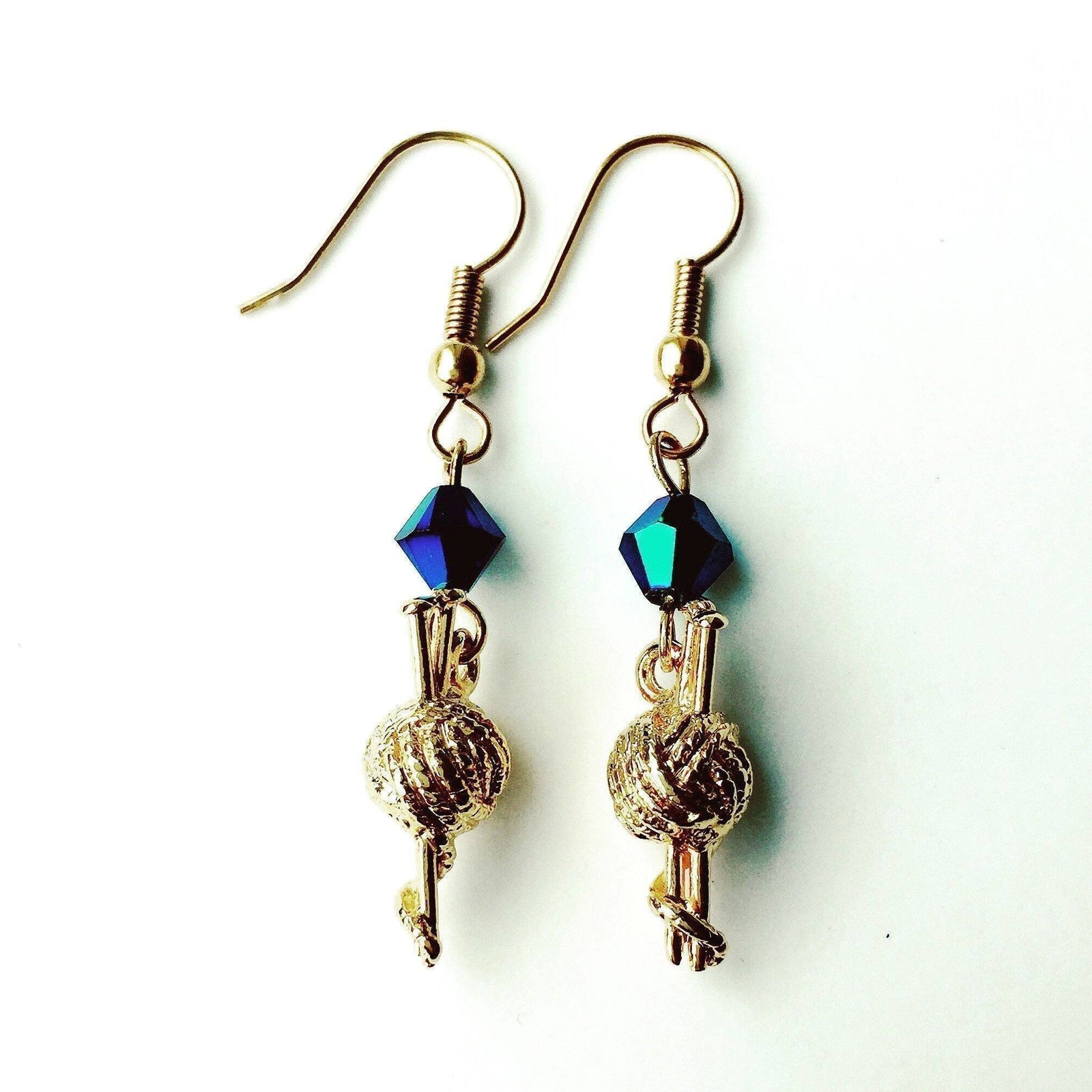Ball of Thread Gold Earrings with Blue Swarovski Crystals-Watchus