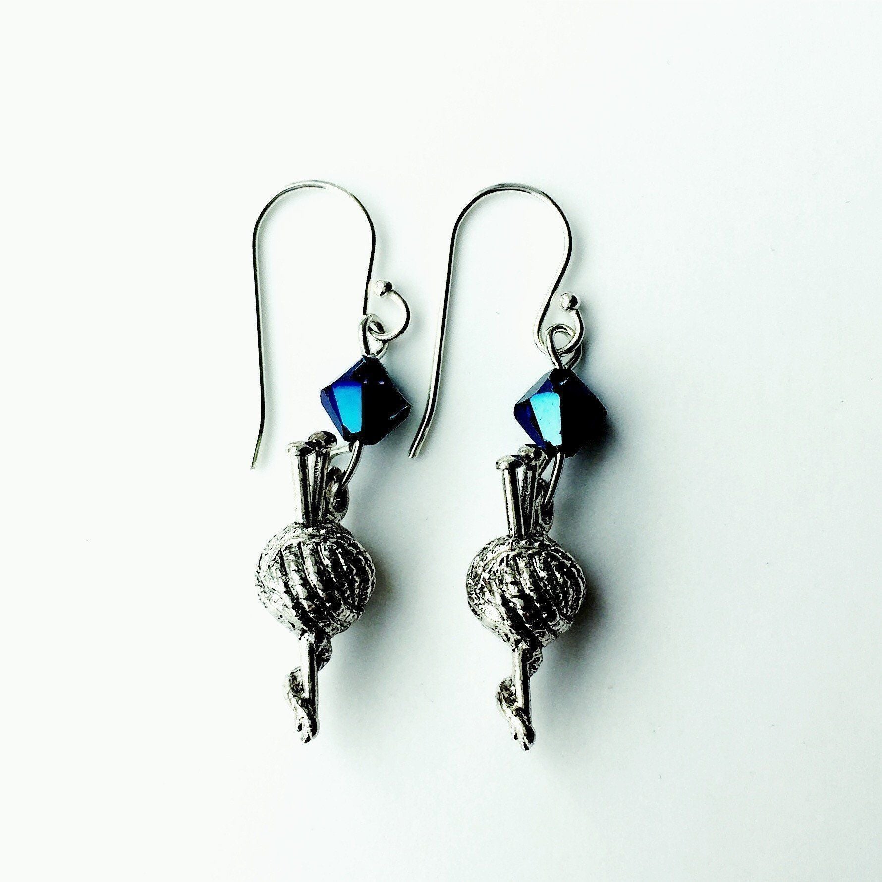 Ball of Thread Silver Earrings with Blue Swarovski Crystals-Watchus