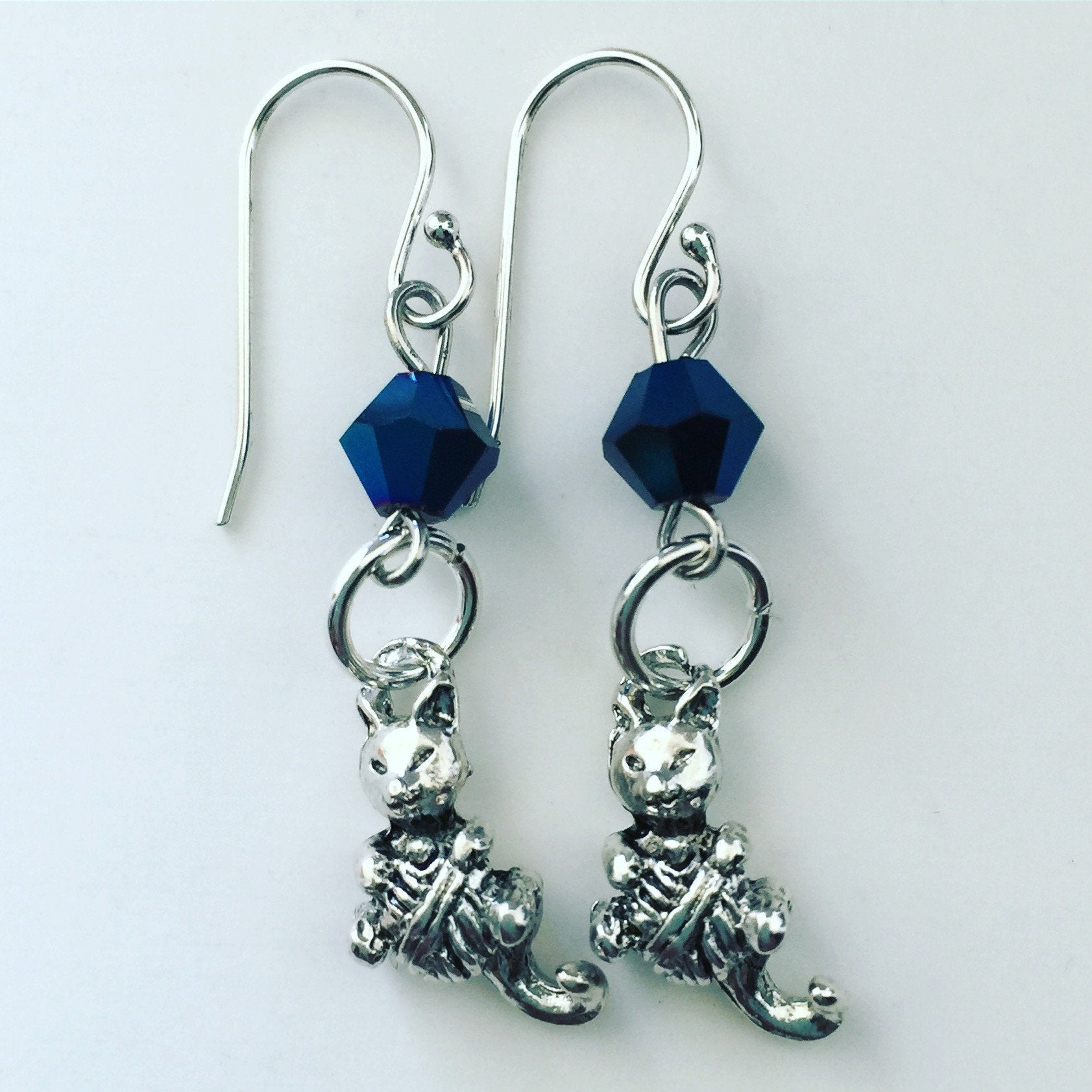 Cat and Yarn Blue  Earrings with Blue Swarovski Crystal