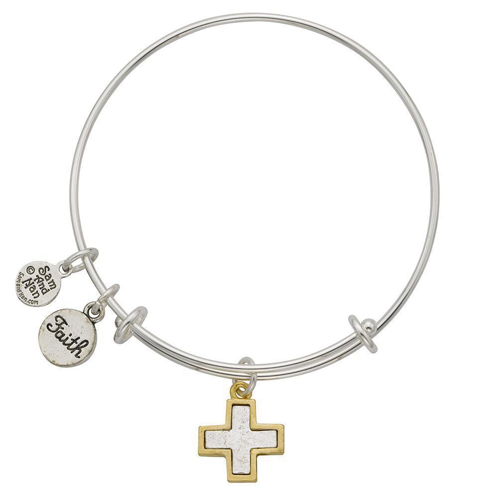 Gold Frame Two Tone Cross Faith Charm Bangle Bracelet-Watchus
