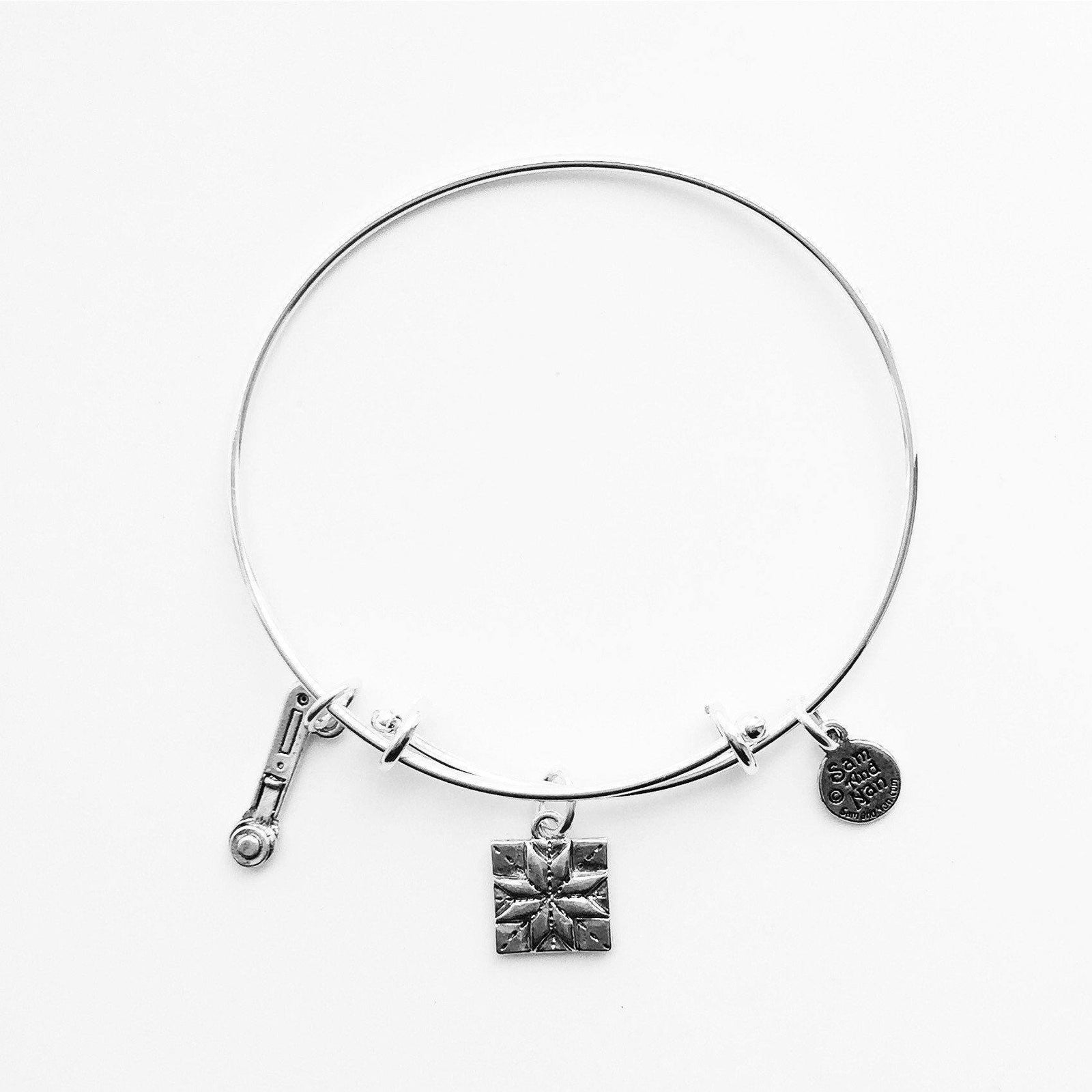 Ohio Star Quilt Patch Quilt Cutter Charm Silver Bangle Bracelet-Watchus