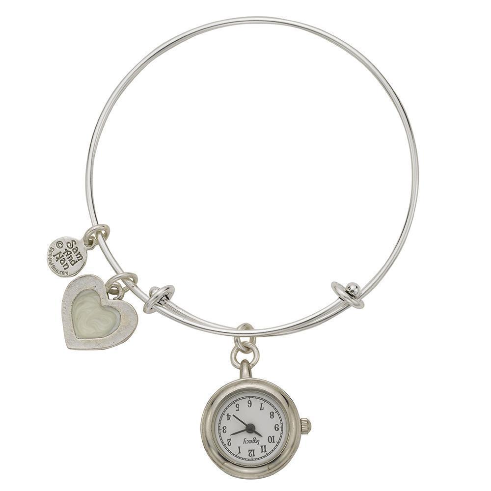 Pearl Heart Pendant Watch Silver Bangle Bracelet-Watchus