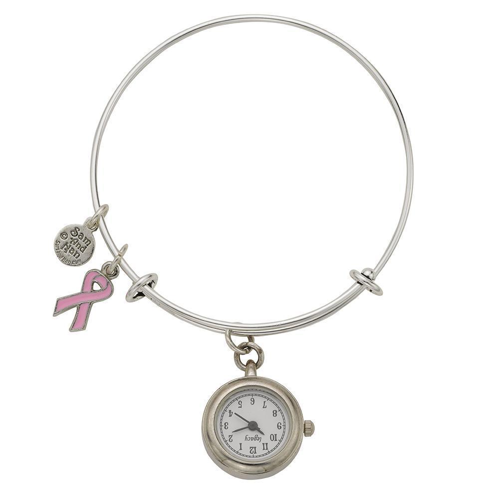 Pink Ribbon Pendant Watch Silver Bangle Bracelet-Watchus