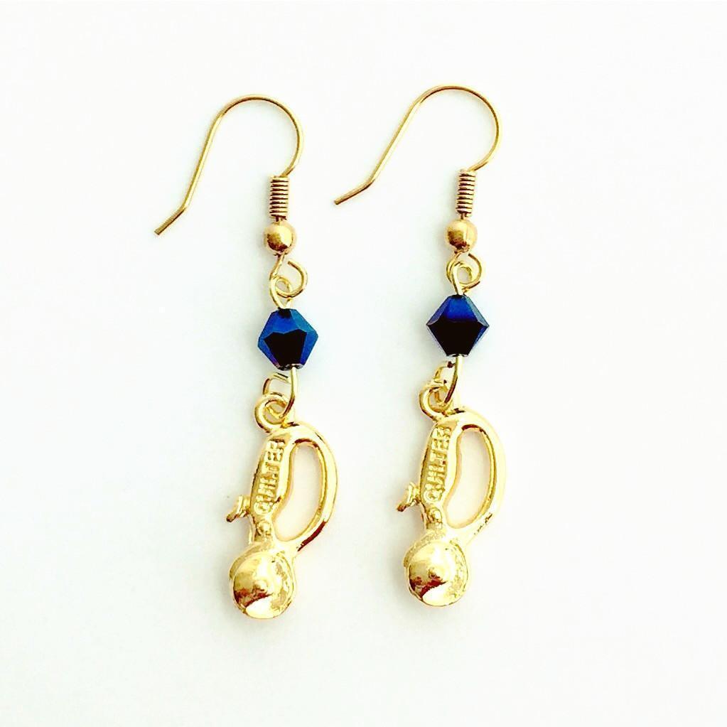 Quilt Cutter Gold Earrings with Blue Swarovski Crystals-Watchus