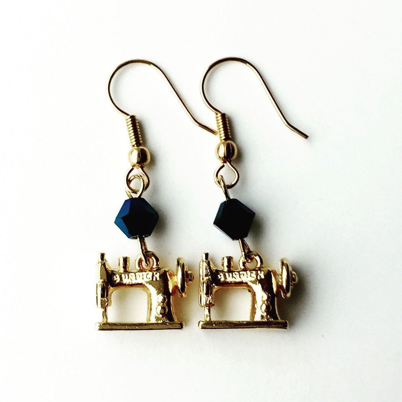 Sewing Machine Gold Earrings with Blue Swarovski Crystals-Watchus