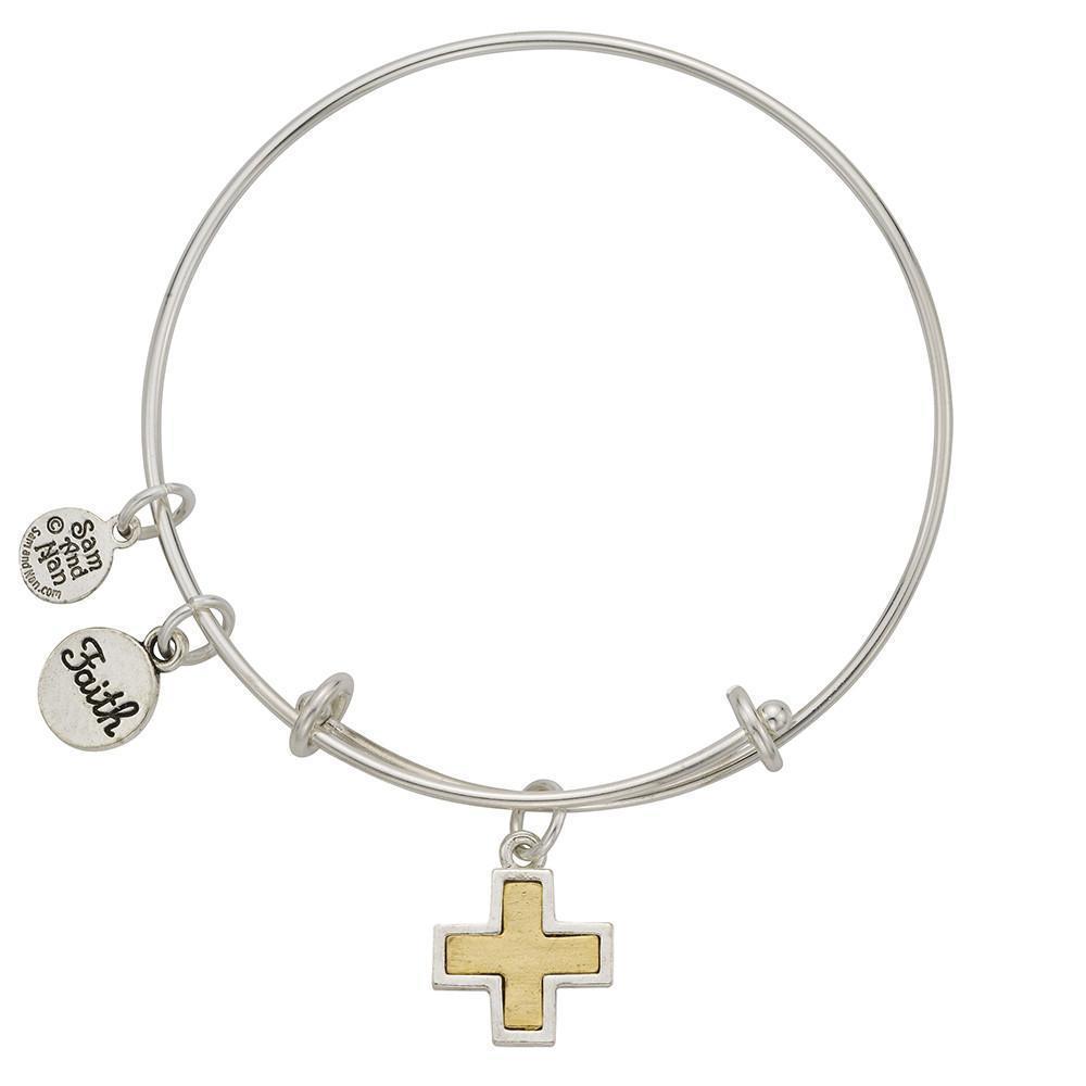 Silver Frame Two Tone Cross Faith Charm Bangle Bracelet-Watchus