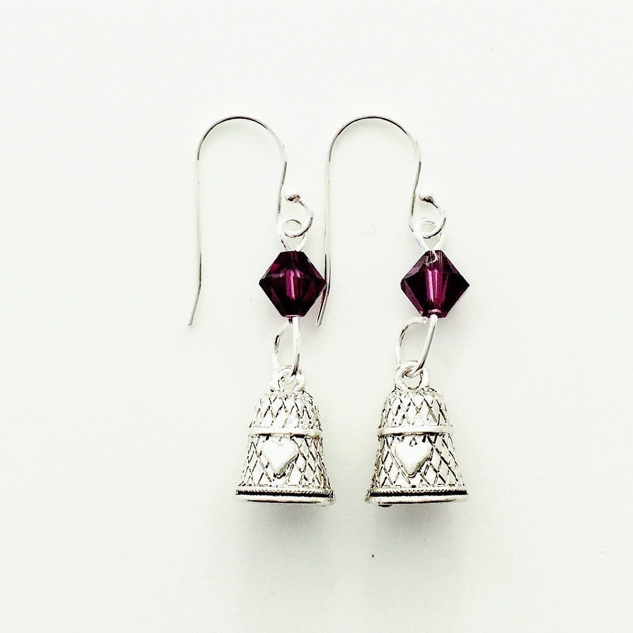 Thimble Silver Earrings with Purple Swarovski Crystals
