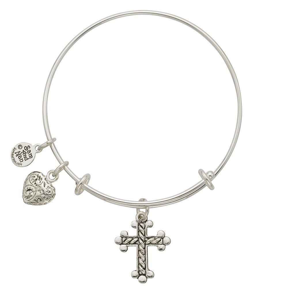 Braided Cross Etruscan Heart Charm Bangle Bracelet-Watchus