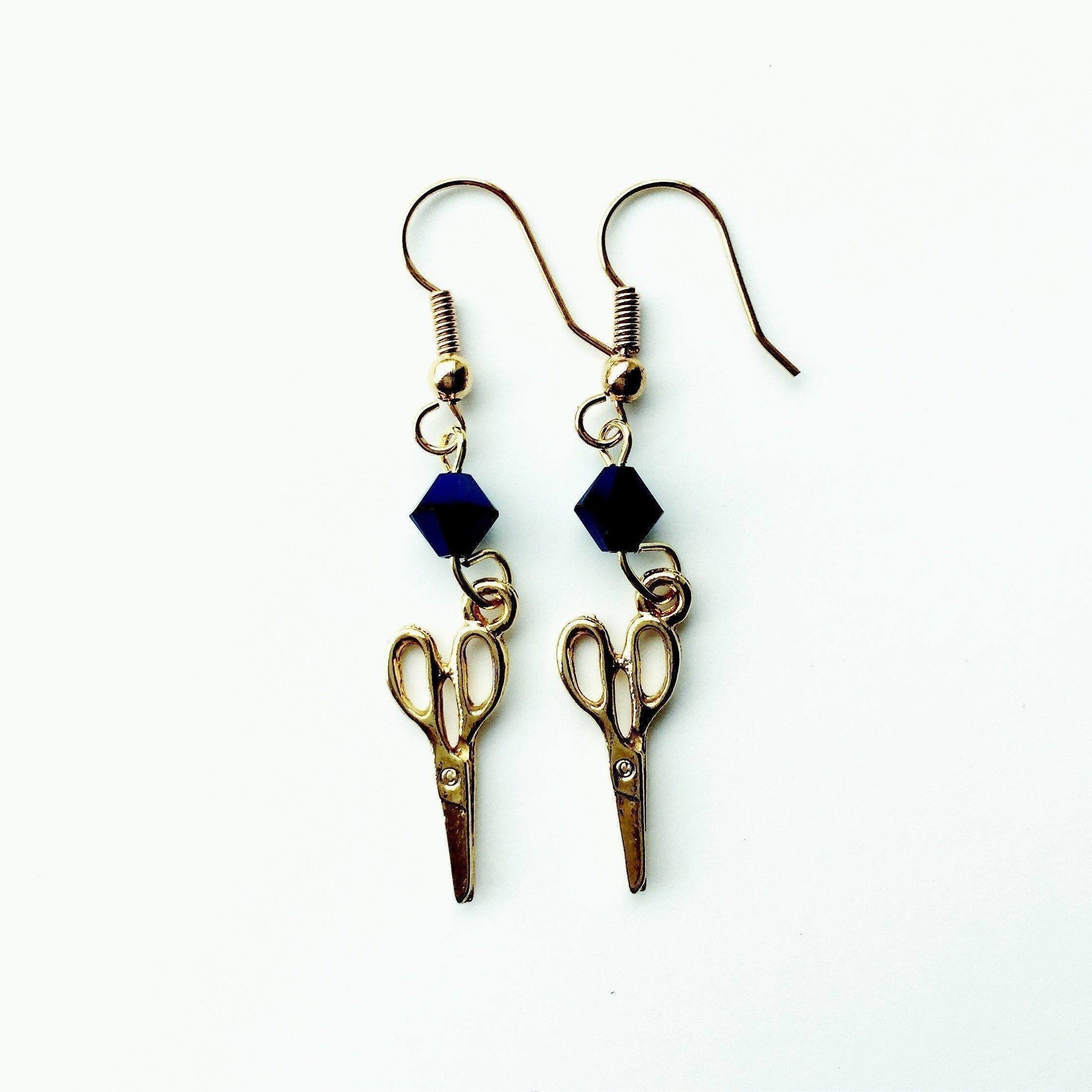Craft Scissors Gold Earrings with Blue Swarovski Crystals-Watchus