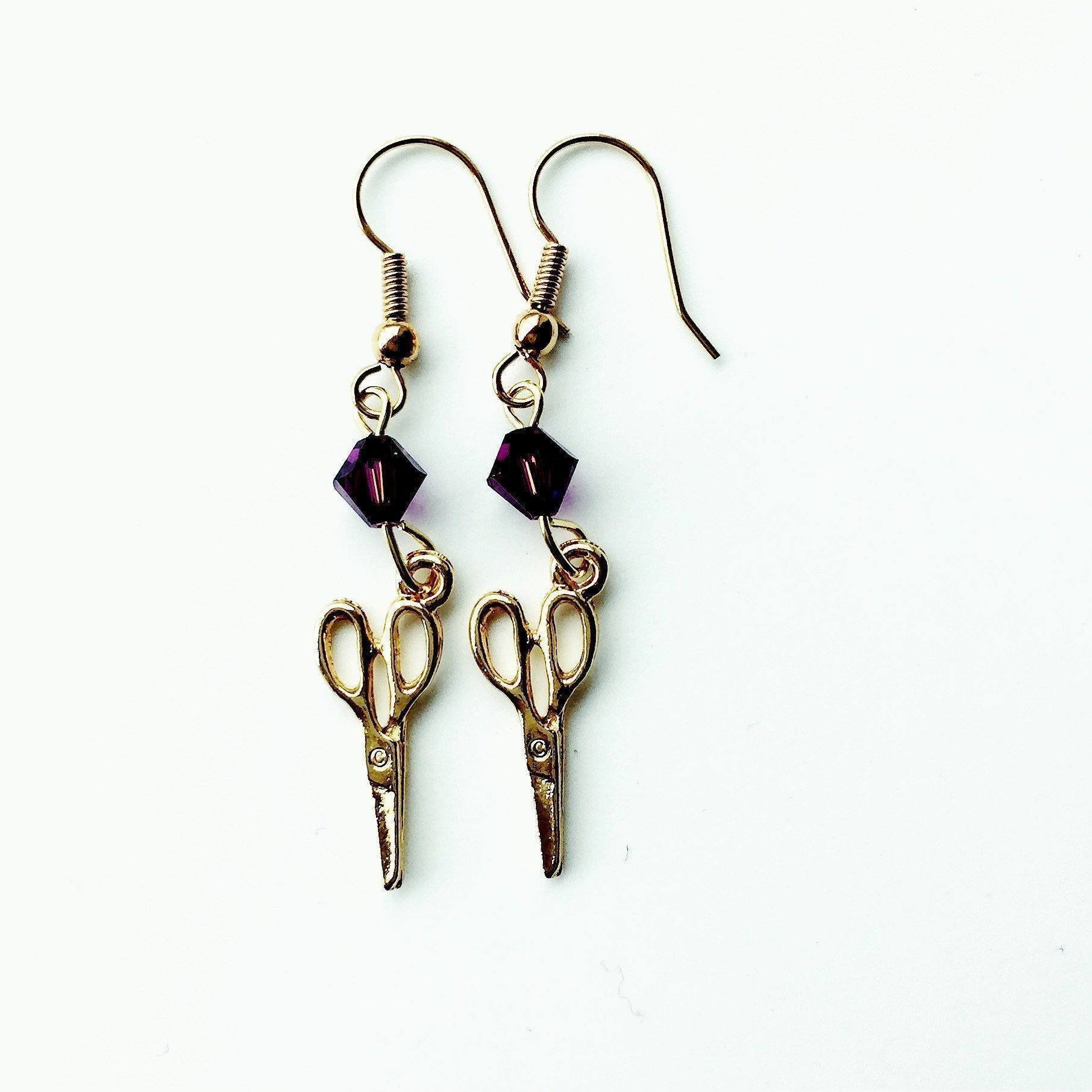 Craft Scissors Gold Earrings with Purple Swarovski Crystals-Watchus