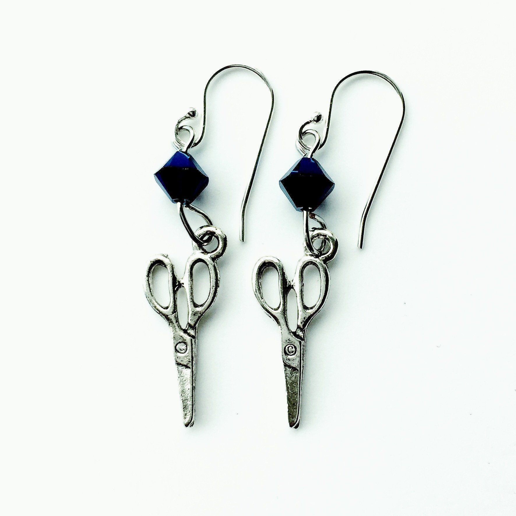 Craft Scissors Silver Earrings with Blue Swarovski Crystals-Watchus