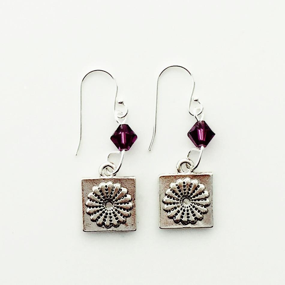 Dresden Quilt Patch Silver Earrings with Purple Swarovski Crystals-Watchus