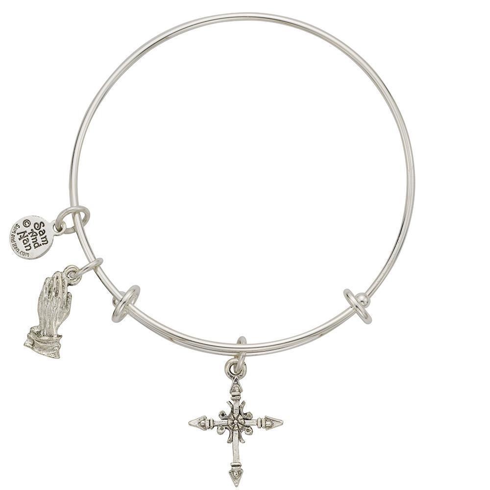 Greek Cross Praying Hands Charm Bangle Bracelet-Watchus
