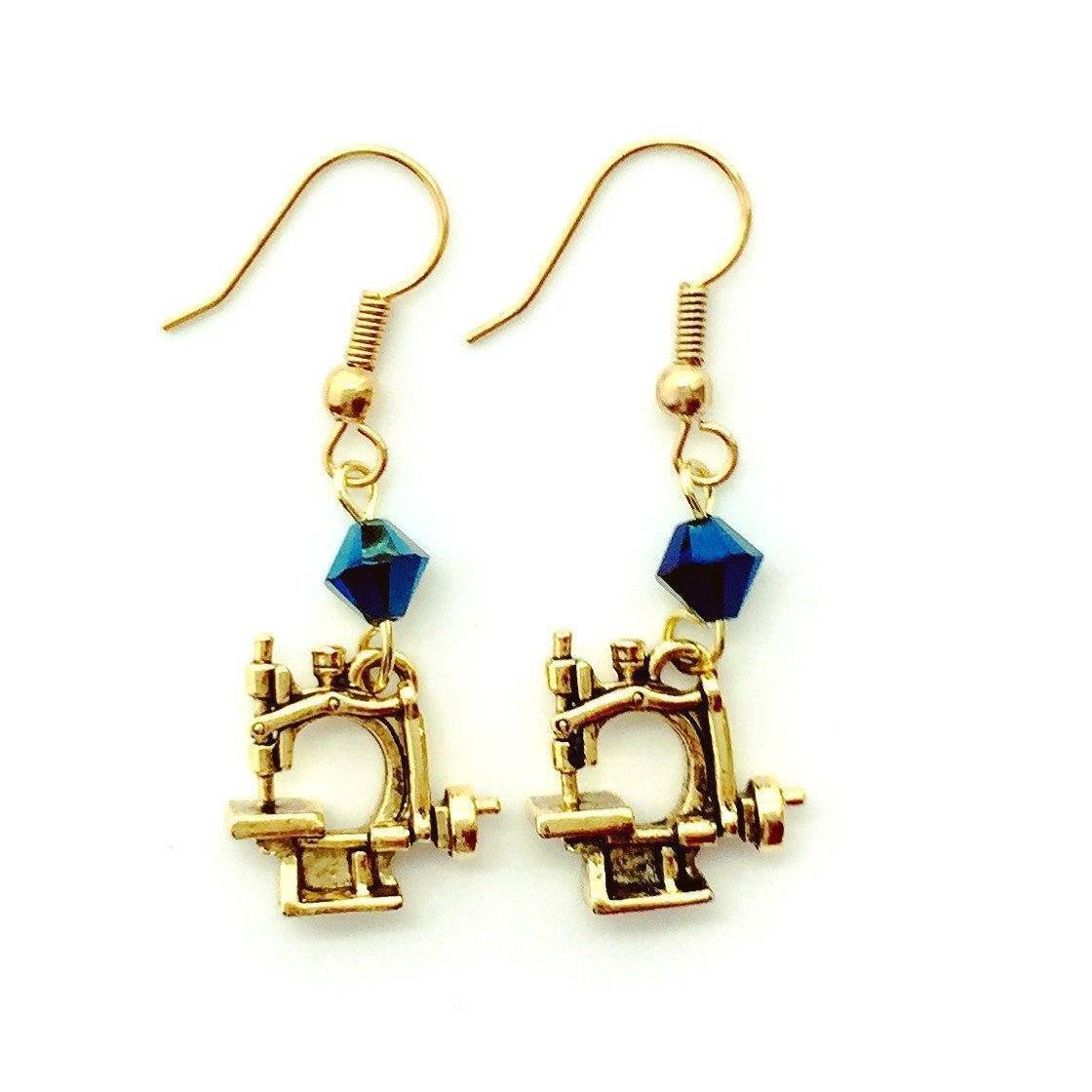 Hand Crank Sewing Machine Gold Earrings with Blue Swarovski Crystals-Watchus