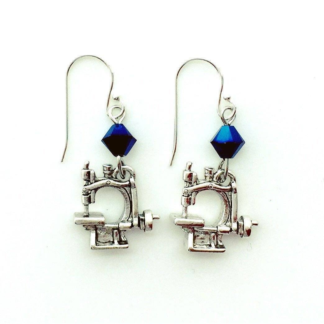 Hand Crank Sewing Machine Silver Earrings with Blue Swarovski Crystals-Watchus