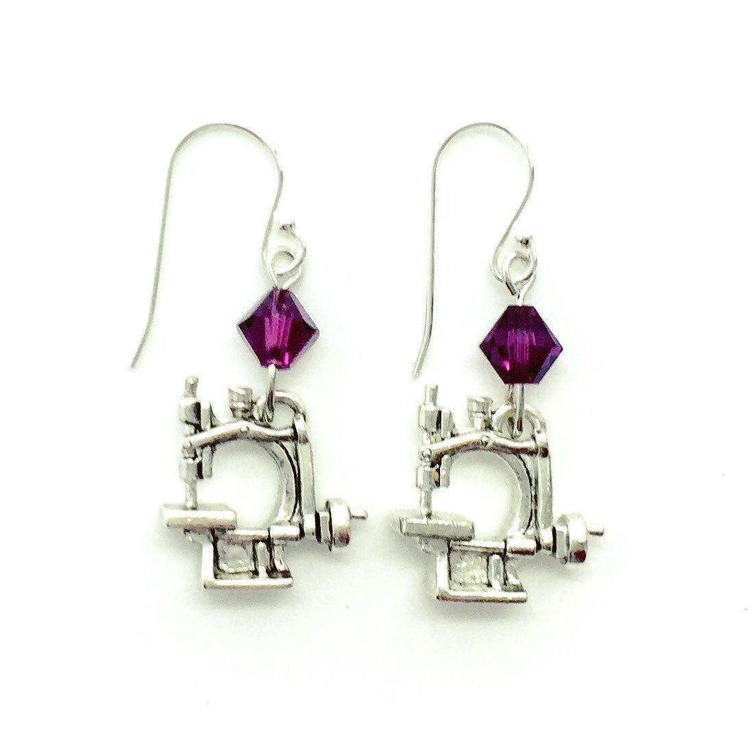 Hand Crank Sewing Machine Silver Earrings with Purple Swarovski Crystals-Watchus