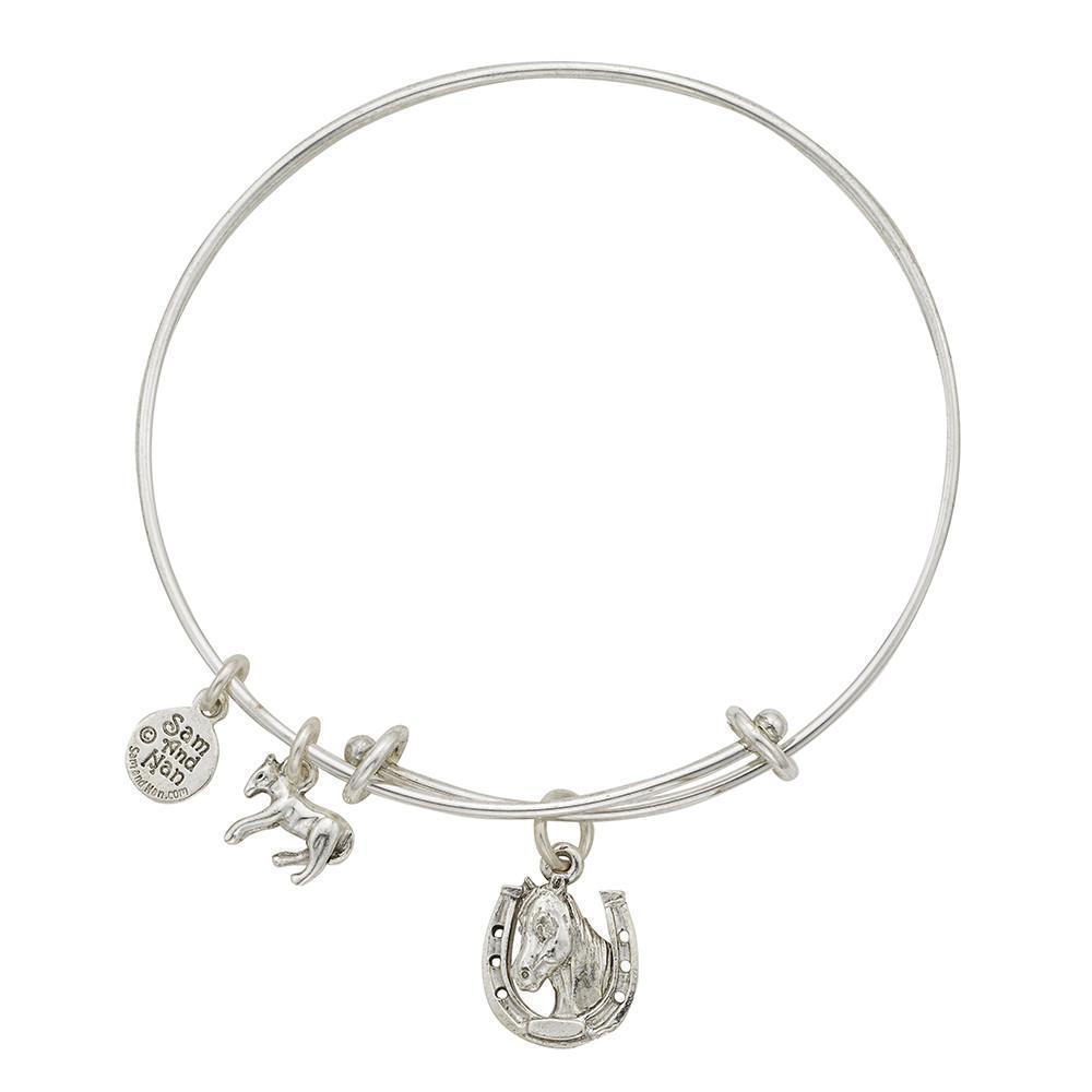 Horse Shoe and Horse Head Charm Bangle Bracelet