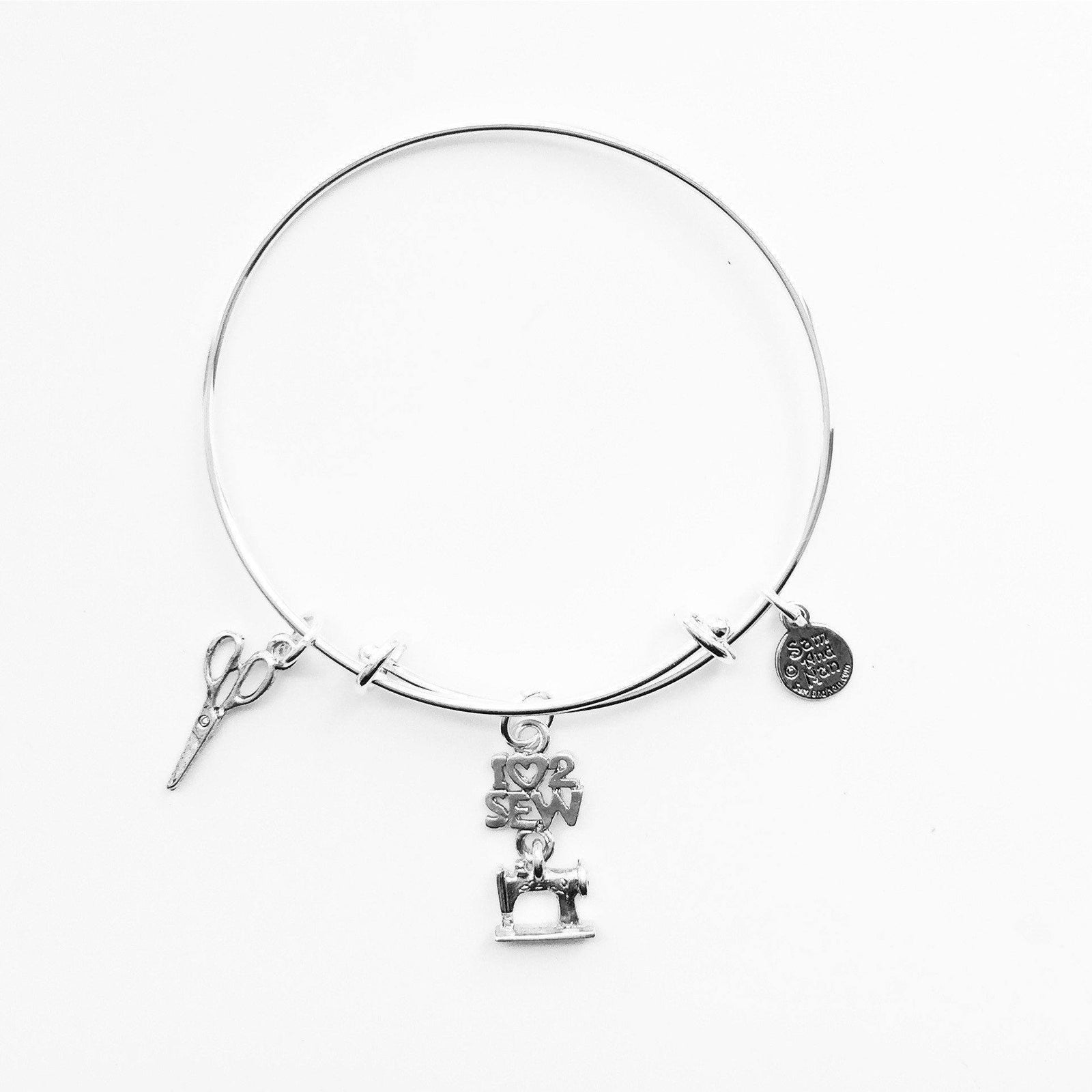 I Love 2 Sew Scissor Charm Silver Bangle Bracelet-Watchus