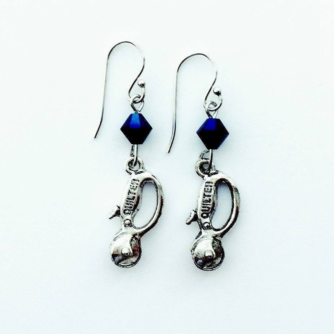Quilt Cutter Silver Earrings with Blue Swarovski Crystals-Watchus