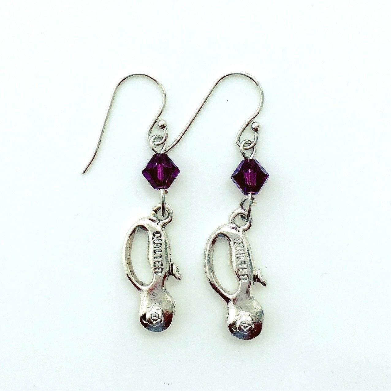 Quilt Cutter Silver Earrings with Purple Swarovski Crystals-Watchus