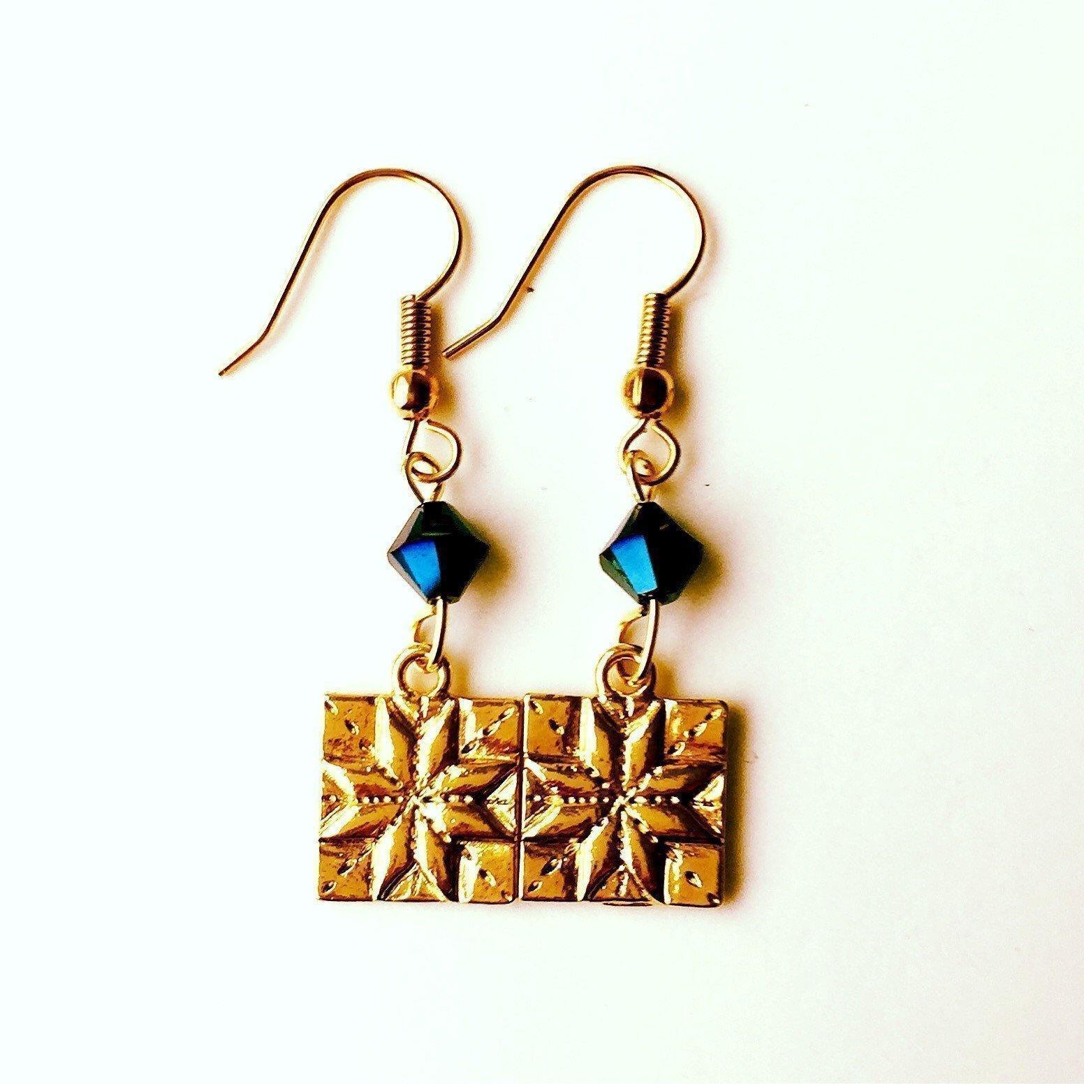 Quilt Patch Gold Earrings with Blue Swarovski Crystals