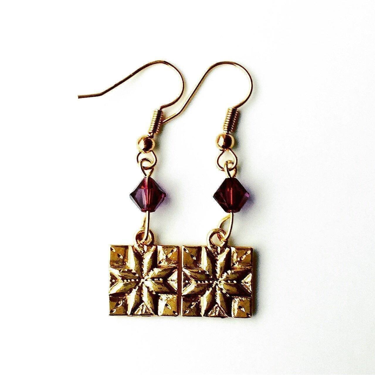 Quilt Patch Gold Earrings with Purple Swarovski Crystals