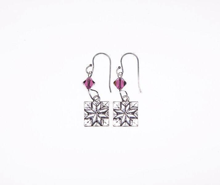 Quilt Patch Silver Earrings with Purple Swarovski Crystals-Watchus
