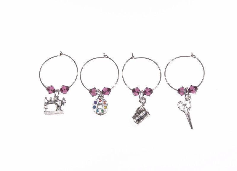 Quilt Wine Charms and Scissor Fobs with Purple Swarovski Crystals-Watchus