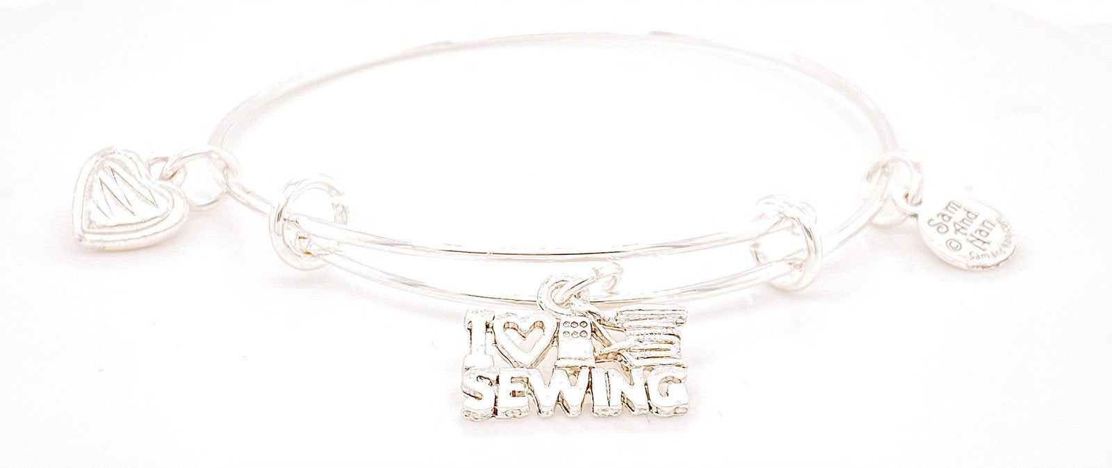Sewing quilting silver bangle with I love sewing and heart charm-Watchus