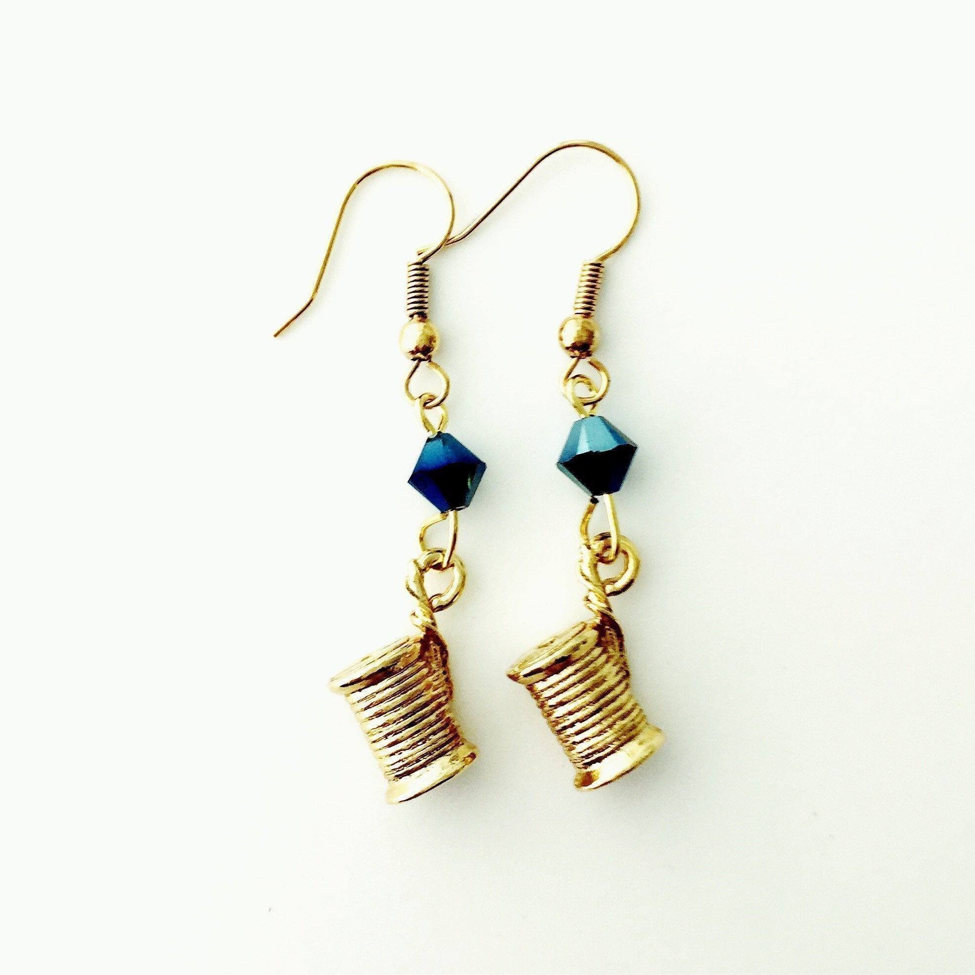 Spool of Thread Gold Earrings with Blue Swarovski Crystals