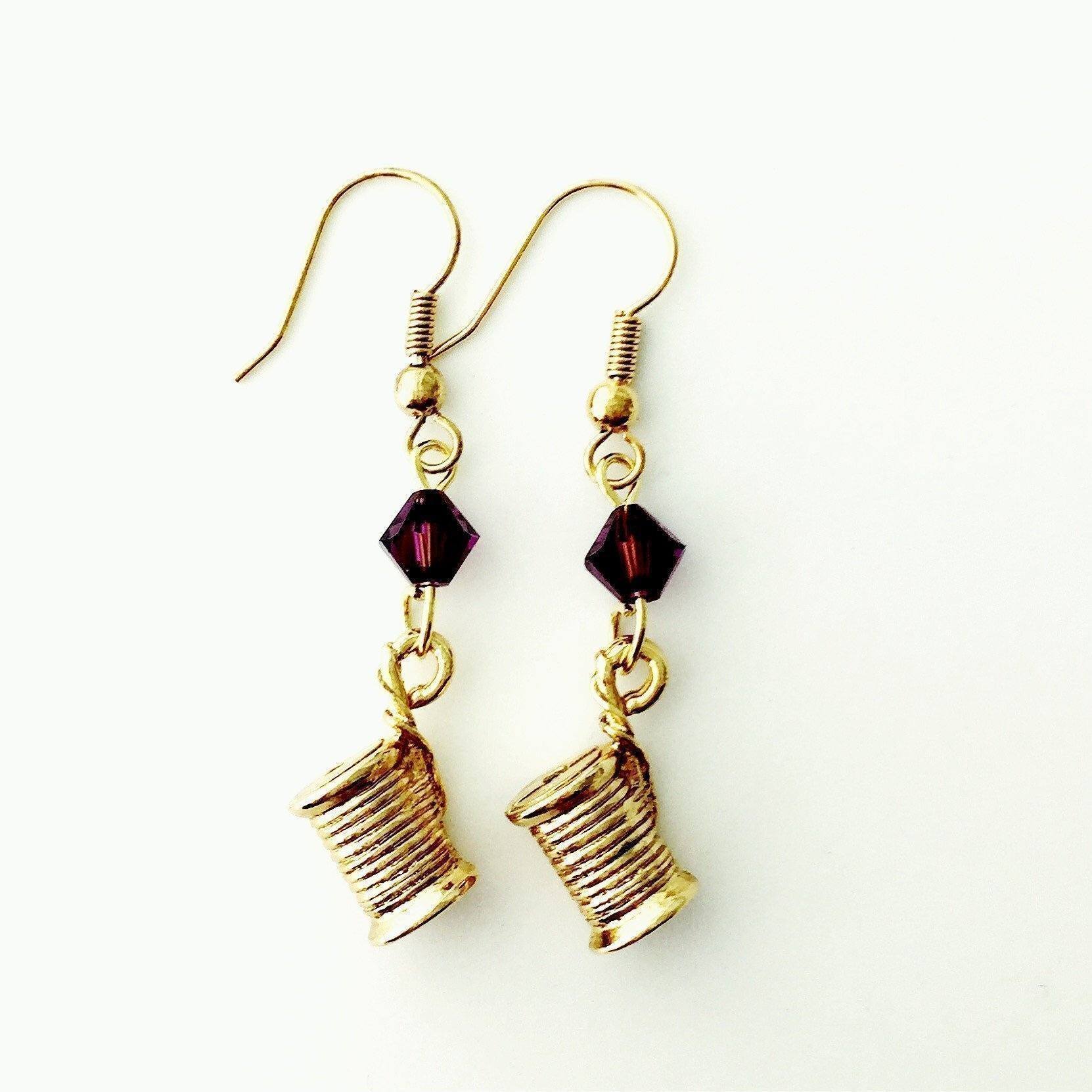 Spool of Thread Gold Earrings with Purple Swarovski Crystals