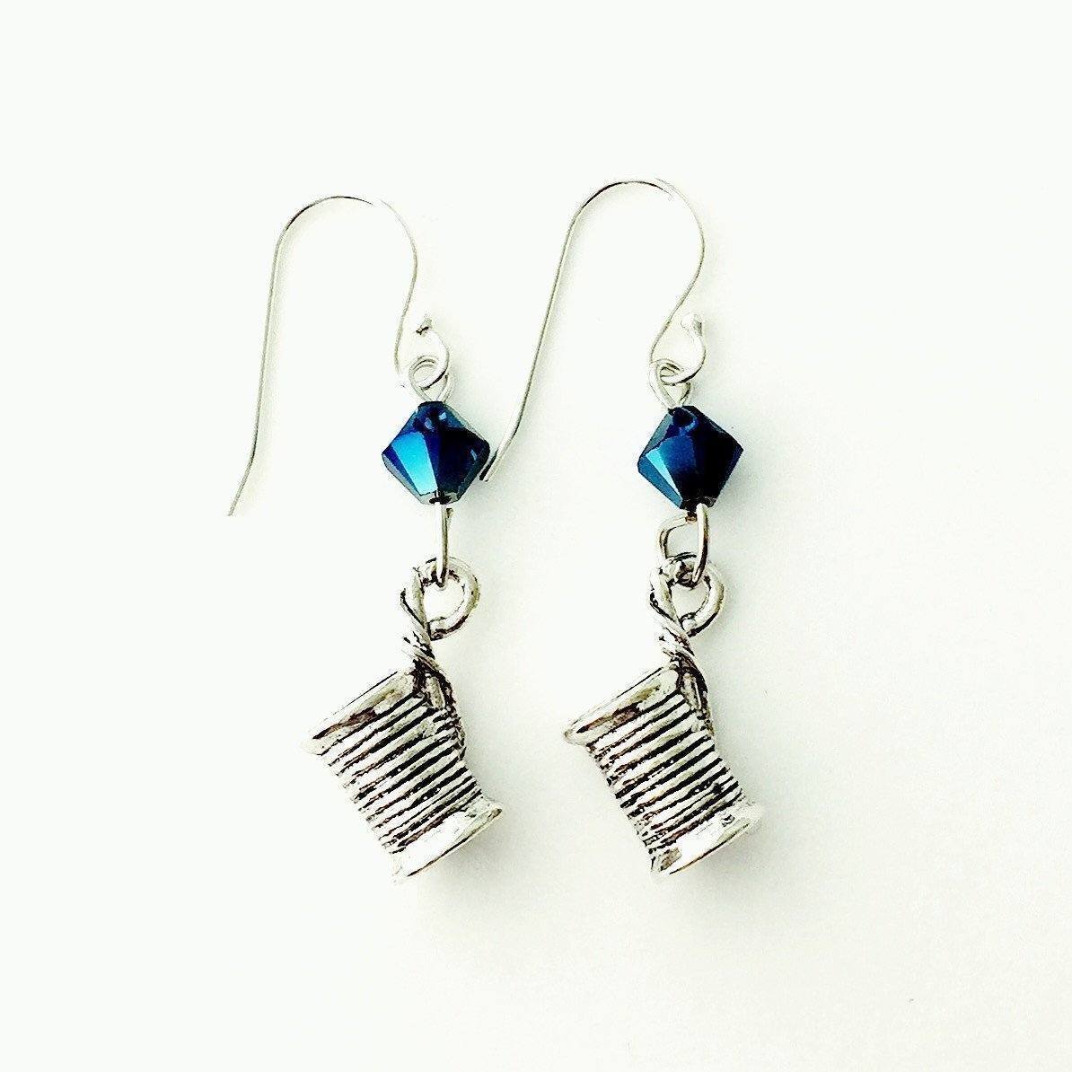 Spool of Thread Silver Earrings with Blue Swarovski Crystals