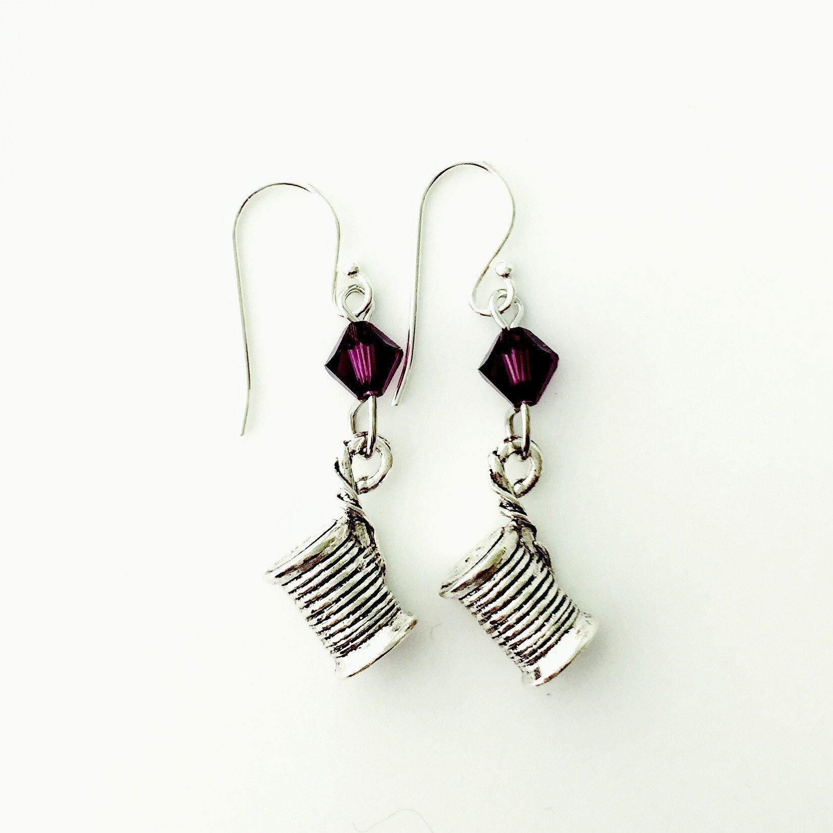 Spool of Thread Silver Earrings with Purple Swarovski Crystals