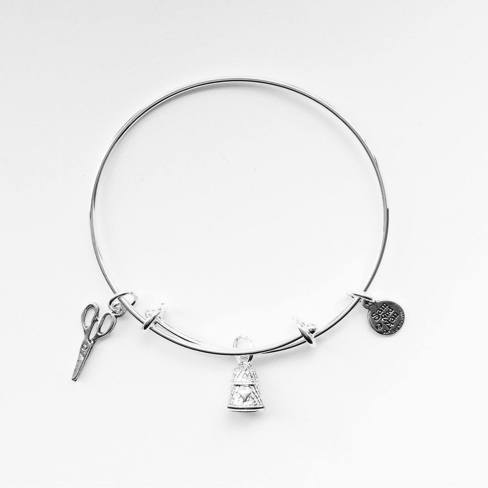 Thimble Scissor Silver Charm Bangle Bracelet-Watchus