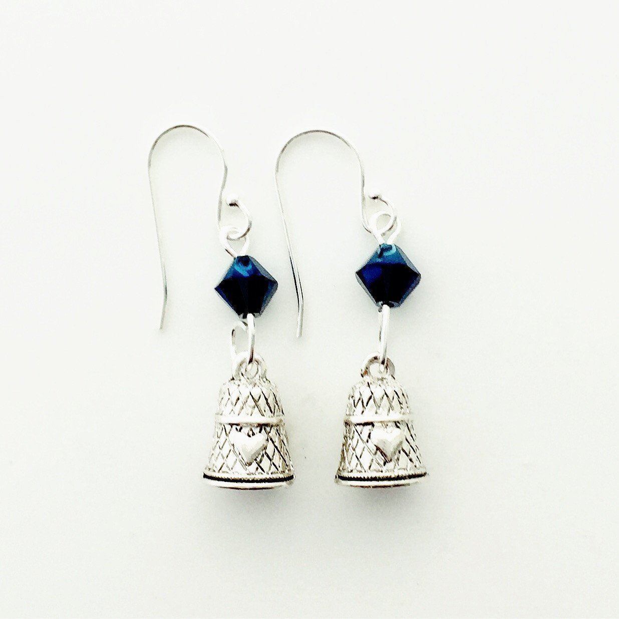 Thimble Silver Earrings with Blue Swarovski Crystals