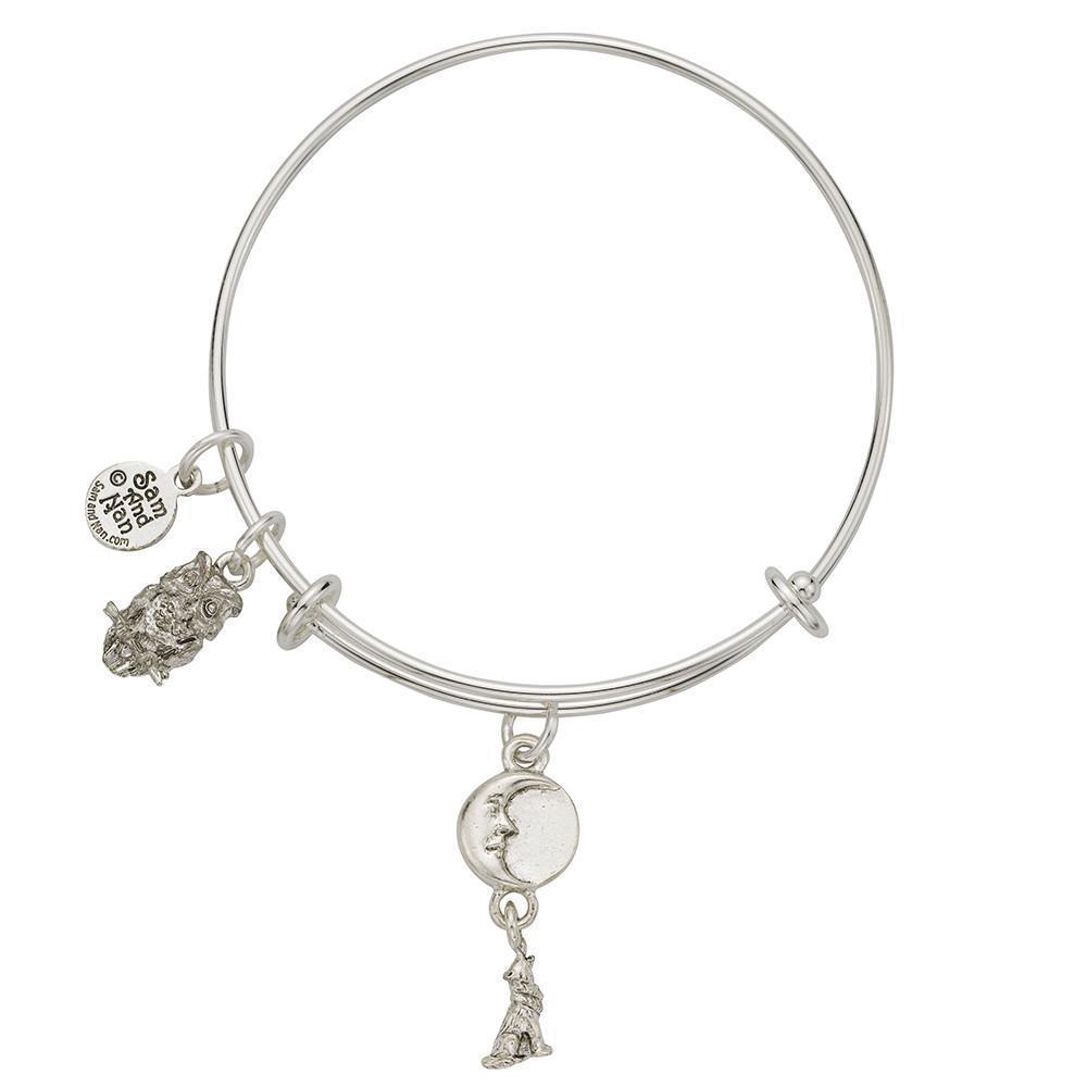 Wolf Howling Moon Owl Charm Bangle Bracelet-Watchus